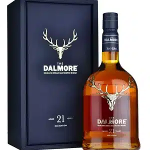 Indulge in the Dalmore 21-Year-Old 2022 – a Highland single malt aged in American oak and finished in Matusalem oloroso sherry butts.